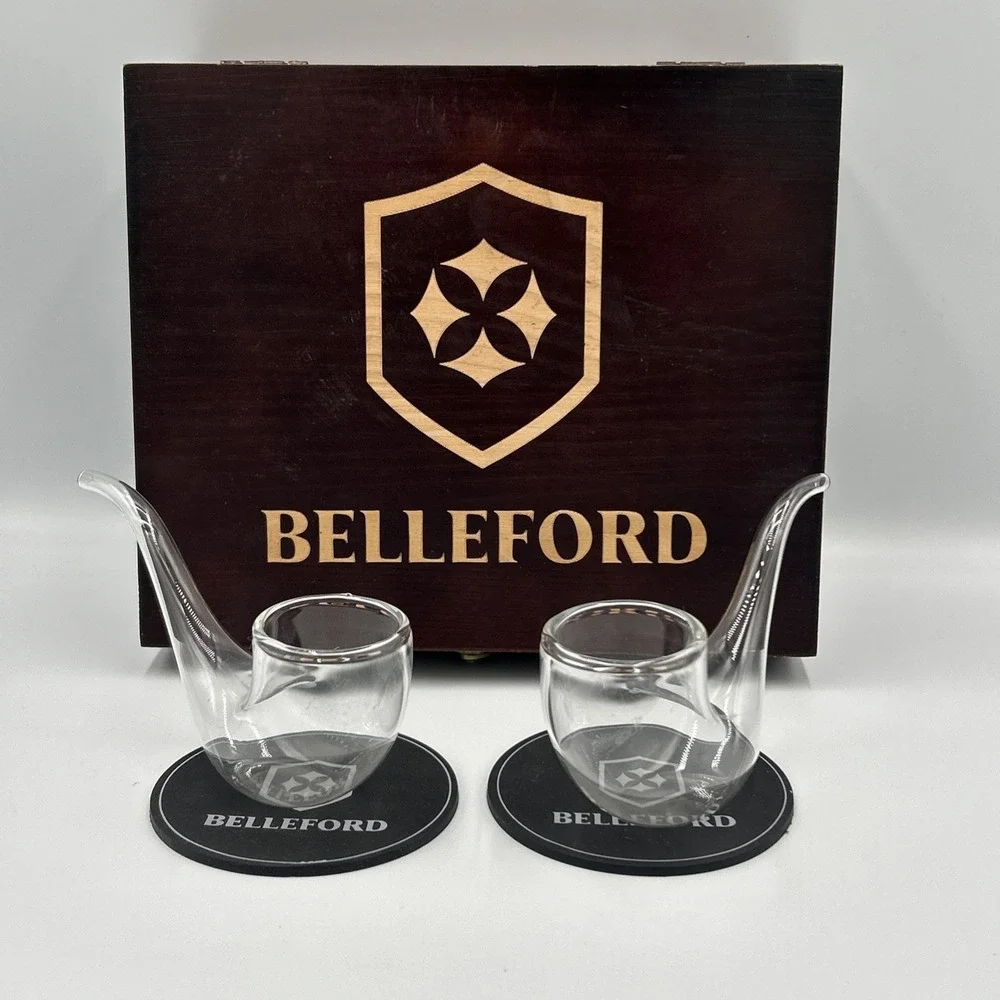 Belleford Glass Whisky Brandy‎ Sipper Set Of 2 Pipe Bar Man Cave Wooden Box
